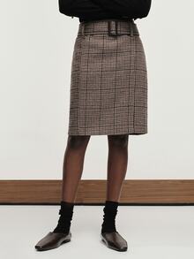 Aveloria Modichic Women's Skirt Slim H-Line Fit Tweed Texture Belted Square Buckle Commute Brown Plaid Fall Clothes For Women Christmas - Coffee Brown - View 3
