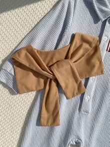 SHEIN 中性嬰兒男/女嬰、幼兒 2件組秋冬抓絨加厚可愛學院風藍白條紋連身衣與棕色披肩，嬰兒冬季連身衣套裝，聖誕 - 藍色 - 查看 5
