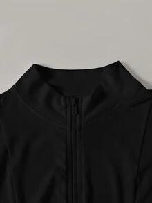 SHEIN 青少年女孩秋季休閒基礎日常穿著運動風彈性黑色抹胸高領瑜伽外套 - 黑色 - 查看 3