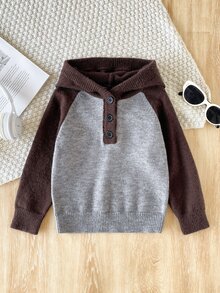 Young Boy Two Tone Raglan Sleeve Half Button Placket Hooded Sweater - Grey - View 1