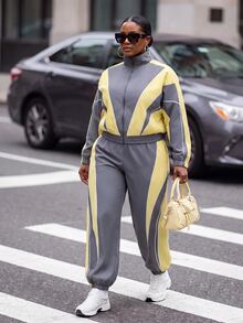 Slaydiva Plus Size Striped Colorblock Zip-Up Top And Loose Pants 2 Pieces Set - Multicolor - View 8