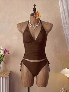 SHEIN Swim 女款 2 件式純色性感可愛細肩帶綁帶比基尼套裝，三角泳褲，熱銷海灘度假休閒優雅情人節派對背心式比基尼套裝穿搭，女款假期優雅海灘泳裝 - 咖啡棕 - 查看 3