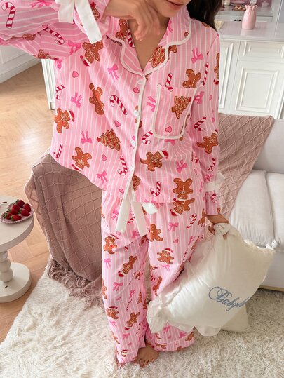 SweetSlumber Women's Christmas Striped Gingerbread Man Contrast Color Bow Collar Long Sleeve Pants Pajama Set