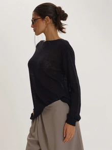 MUSEYN Black Knit Sheer Long Sleeve Top Versatile Everyday Casual Fall - Black - View 2