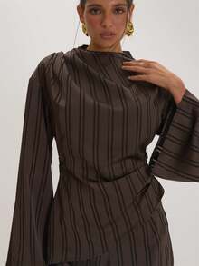 MUSEYN Brown Satin High Neck Ruched Waist Blouser Versatile Everyday Casual Fall - Coffee Brown - View 5