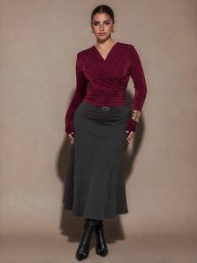 SHEIN BAE CURVE Plus Size Women Burgundy Long Sleeve Ruched Overlap Bodysuit Winter - Burgundy - View 1