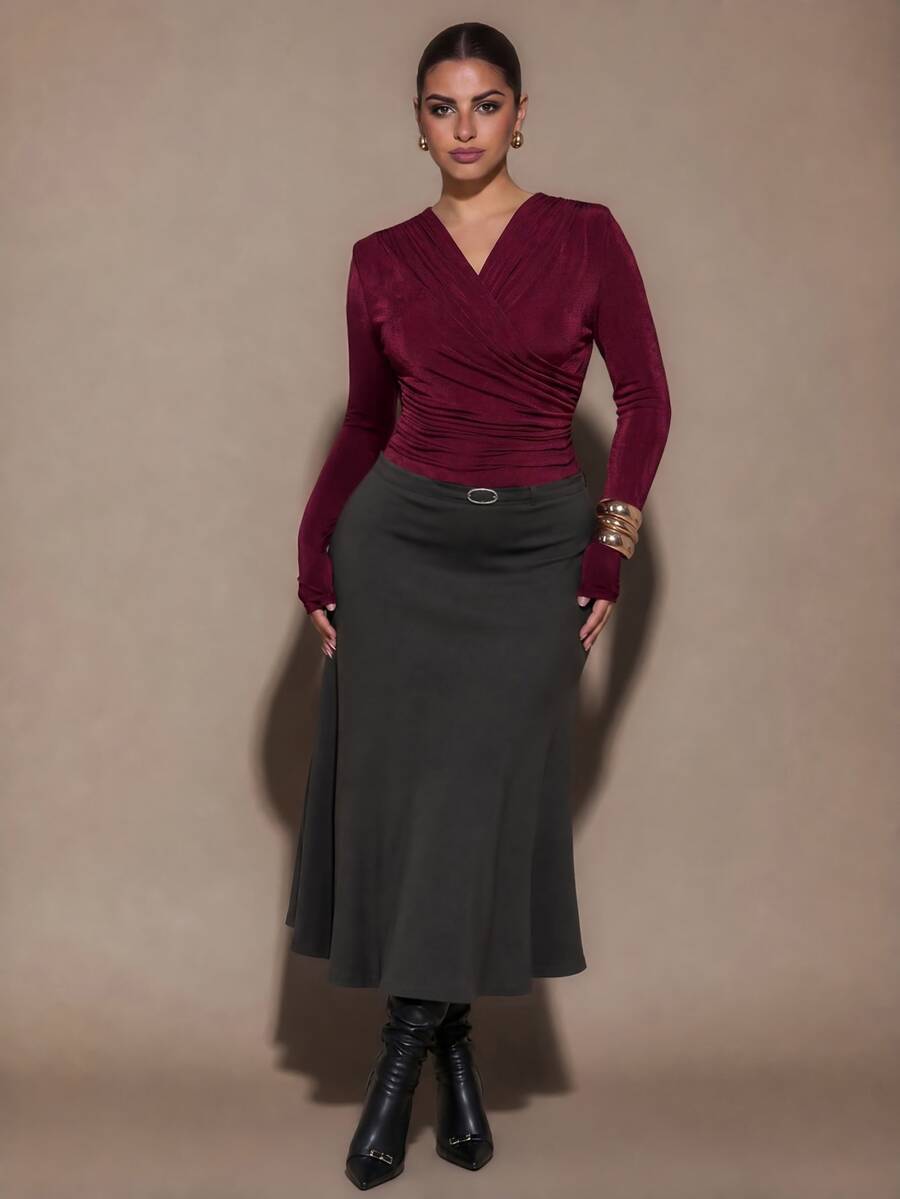 SHEIN BAE CURVE Plus Size Women Burgundy Long Sleeve Ruched Overlap Bodysuit Winter - Burgundy - View 1