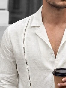 Manfinity CasualCool 男士簡約鈕扣式長袖襯衫，適合辦公與通勤 - 白色 - 查看 5
