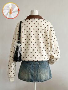 Girls Fall Winter Fleece Polka Dot Cartoon Dachshund Dog Half Zip Pullover - Brown - View 2