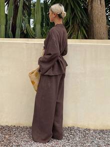 Dazy Tall Women's Lace Patchwork Vacation Style Casual 2 Pieces Set - Brown - View 2