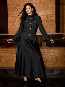 MOTF PREMIUM AUTUMN/WINTER WOMEN'S 2 IN 1 CINCHED WAIST FLARED TEXTURED MICRO-SHIMMER PATCHWORK LONG DRESS - Black - View 4