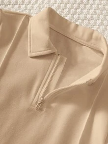 SHEIN 兒童小男孩休閒寬鬆百搭舒適素色針織長袖 Polo 衫 - 卡其色 - 查看 3
