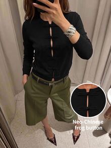 Maija 女款純色長袖青蛙鈕扣前襟針織開襟衫，黑色，秋季法式優雅晚宴派對裝 - 黑色 - 查看 6