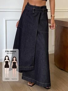 Dazy Tall Women's Long A-Line Casual Denim Skirt - Dark Wash - View 1
