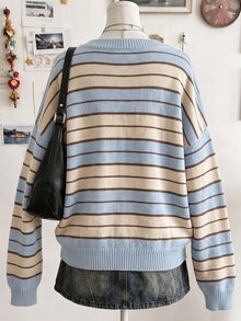 Lalippa 女款條紋拼色長袖寬鬆毛衣 - 灰色 - 查看 2