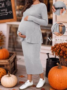 SHEIN 孕婦純色羅紋針織開衩哺乳上衣與可調腰圍裙子套裝 - 灰色 - 查看 1
