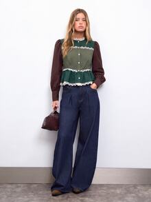 Nöista Blus Colorblock dengan Trim Renda dan Bentuk Peplum, Gaya Musim Gugur untuk Kantor dan Siang ke Malam - MultiWarna - View 2