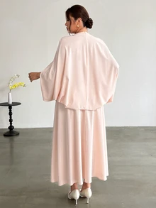 Firerie 大尺碼甜美交叉百褶上衣與長裙兩件套 - 杏色 - 查看 3