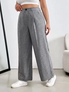 SHEIN Essnce Women's Plus Size Grey Wide-Leg Pants , Stylish, Casual, Loose, And Comfortable With An Elastic Waist (Fall/Winter), Bottom, Retro Style - Grey - View 4