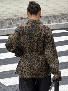 Dazy Tall Women's Leopard Print Loose Waist-Cinching Street Casual Denim Jacket - Brown - View 2