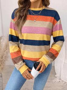 SHEIN LUNE Women's Striped Colorblock Casual Everyday Long Sleeve Sweatshirt - White - View 6