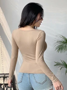 DAZY Women's Solid Color Fitted Versatile Long Sleeve T-Shirt For Daily Wear - Khaki - View 4