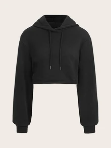 Muchica Cropped Casual Minimalist Hooded Short Loose Fit Women's Sweatshirt Suitable For Layering - Black - View 6