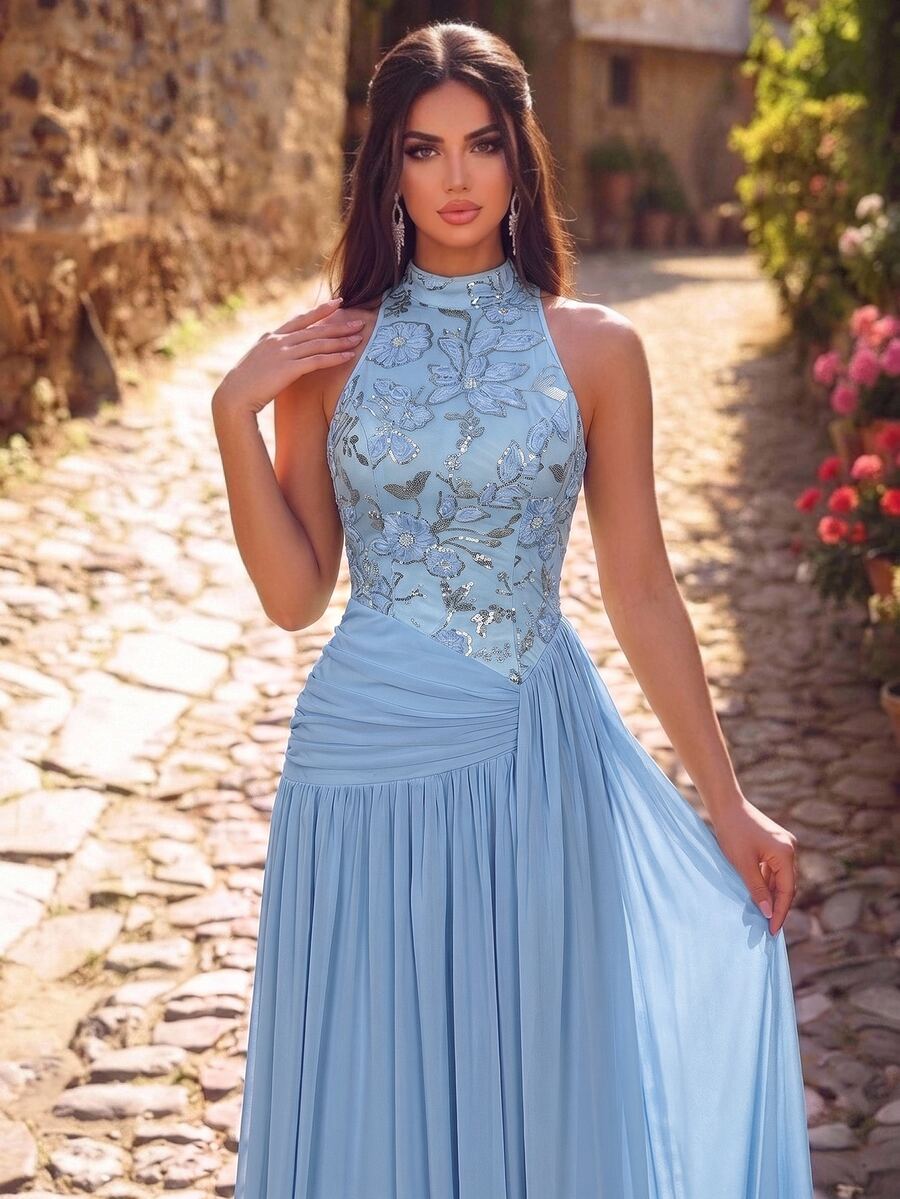 Glamrae Elegant Luxurious 3D Floral Lace Sequin Embroidered Patchwork Elastic Knit Mesh Ruched High Slit Full Skirt Evening Gown Suitable For Wedding Events Bachelor Party Vacation Festival Gathering Music Festival Graduation Season Dinner Party - Blue - View 1