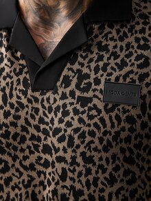 SLATEMANN Men's Leopard Print Letter Denim Short Sleeve Casual Polo Shirt - Black - View 7