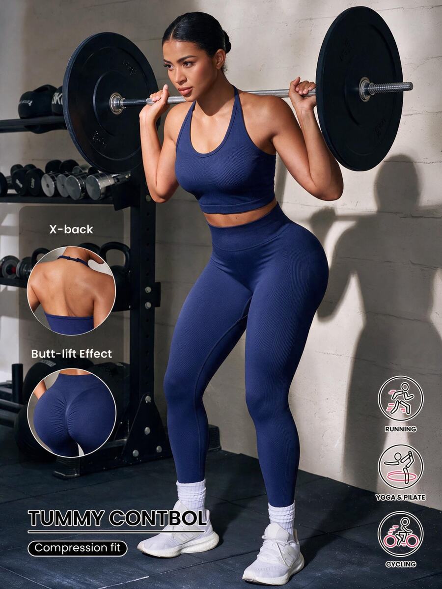 Solea Cove 1pc Navy Blue Halter Crop Sports Top, Adjustable Strap, Slim Fit, Suitable For Fitness, Workout, Yoga, Summer - Navy Blue - View 1