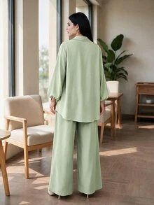 Auveirra Plus Size Women Solid Color Long Sleeve Top And Pants Casual Daily 2 Pieces Set - Green - View 2