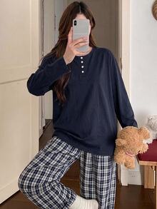 DAZY 女款純色長袖上衣與格紋長褲休閒日常居家服套裝 - 藏蓝色 - 查看 4
