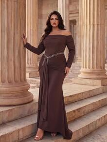 Coutiva Plus Size Elegant Luxury Rhinestone Pleated Off-Shoulder Evening Gown Dress - Coffee Brown - View 3
