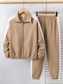 SHEIN 大童男孩對比側縫落肩袖拉鍊夾克與慢跑運動長褲套裝 - 彩色 - 查看 1