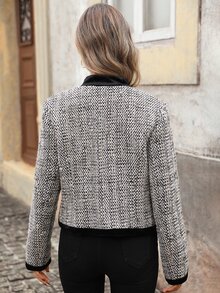 Brillora Tweed Mandarin Collar Frog Button Velvet Trim Cropped Jacket,Napoleon-Style Jacket,Winter Jacket,Elegant,Old Money - Black - View 2
