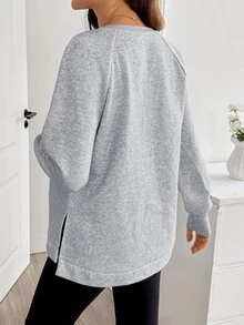 SHEIN Maternity Solid Color Round Neck Raglan Long Sleeve Casual Nursing Sweatshirt Winter - Grey - View 7