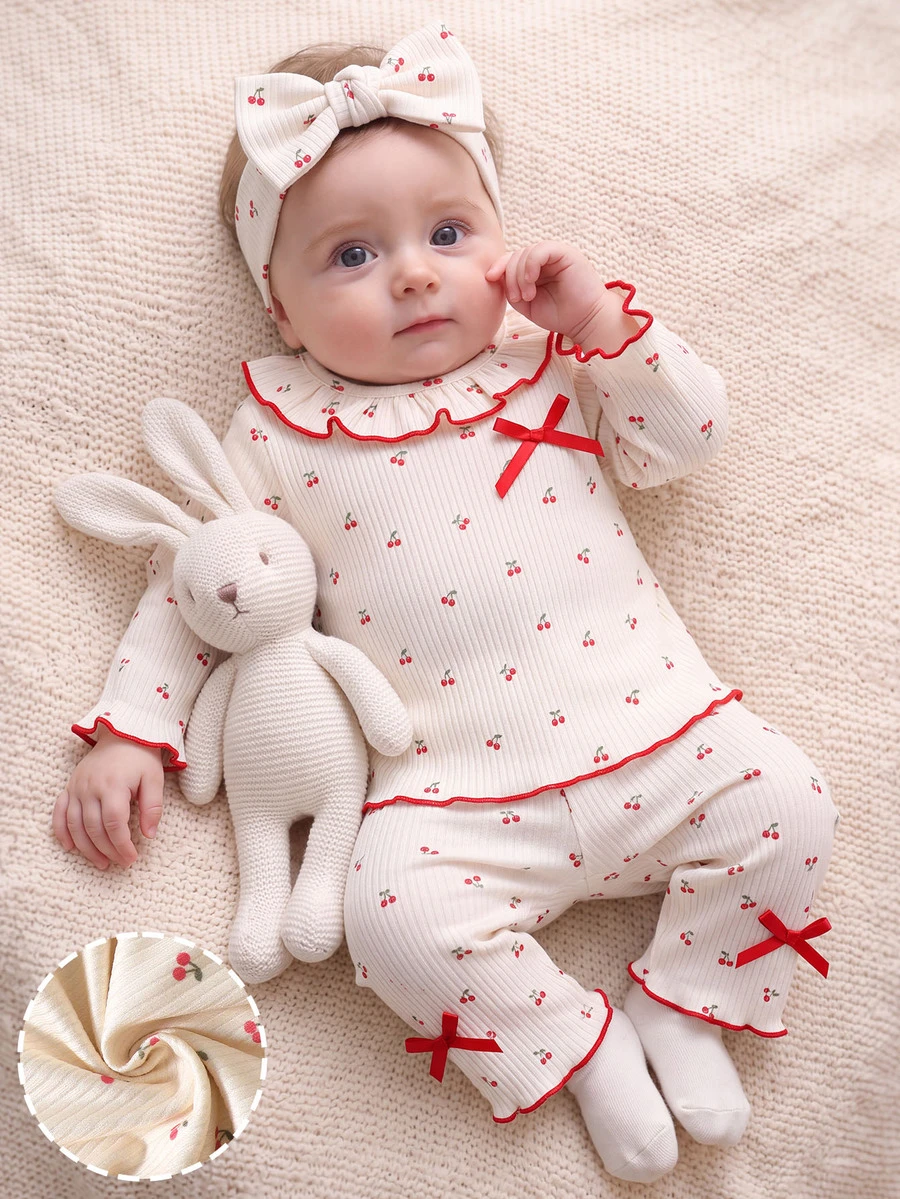 SHEIN 3pcs Newborn Baby Girls Top + Pants Set Sweet Cream Red Cherry Print Bow Ruffle Long Sleeve Ruffle Neck Regular Party Fall Holiday Ribbed - Beige - View 1