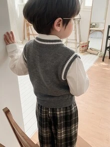 DAZY Infant Boys Casual Contrast Color Autumn/Winter Layering Korean Style Solid Color Cardigan - Grey - View 4