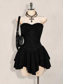 SHEIN ICON Women's Solid Color Pleated Casual Daily Summer Strapless Mini Dress - Black - View 5