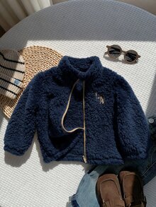 SHEIN 男嬰可愛秋冬百搭毛茸茸杏色刺繡圖案立領夾克 抓絨外套 嬰兒外套 秋冬厚款白色夾克 - 藏蓝色 - 查看 7