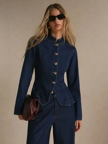 Poéselle Women's Fitted Tailored Denim Jacket With Gold Button Front And Curved Hem, Stand Collar - Dark Wash - View 1
