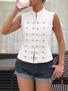 Muchica Áo denim sát nách nữ phong cách du lịch, cổ đứng, thiết kế cài nút, gấu sờn - trắng - Xem 5