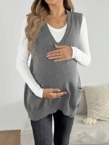 SHEIN سترة محبوكة بلون موحد للارتداء اليومي العادي للحوامل - رمادي - مشاهدة 5