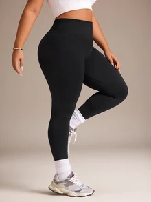 SHEIN Rhythm Era Plus Size Women's Solid Color Casual Daily Wear Sports Tight Leggings - Black - View 6