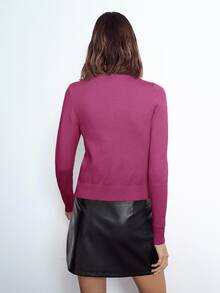 Maija 女款優雅純色圓領鈕扣長袖休閒針織上衣，百搭實用，適合日常穿著與商務休閒場合，季節性針織衫 - 紫色 - 查看 5