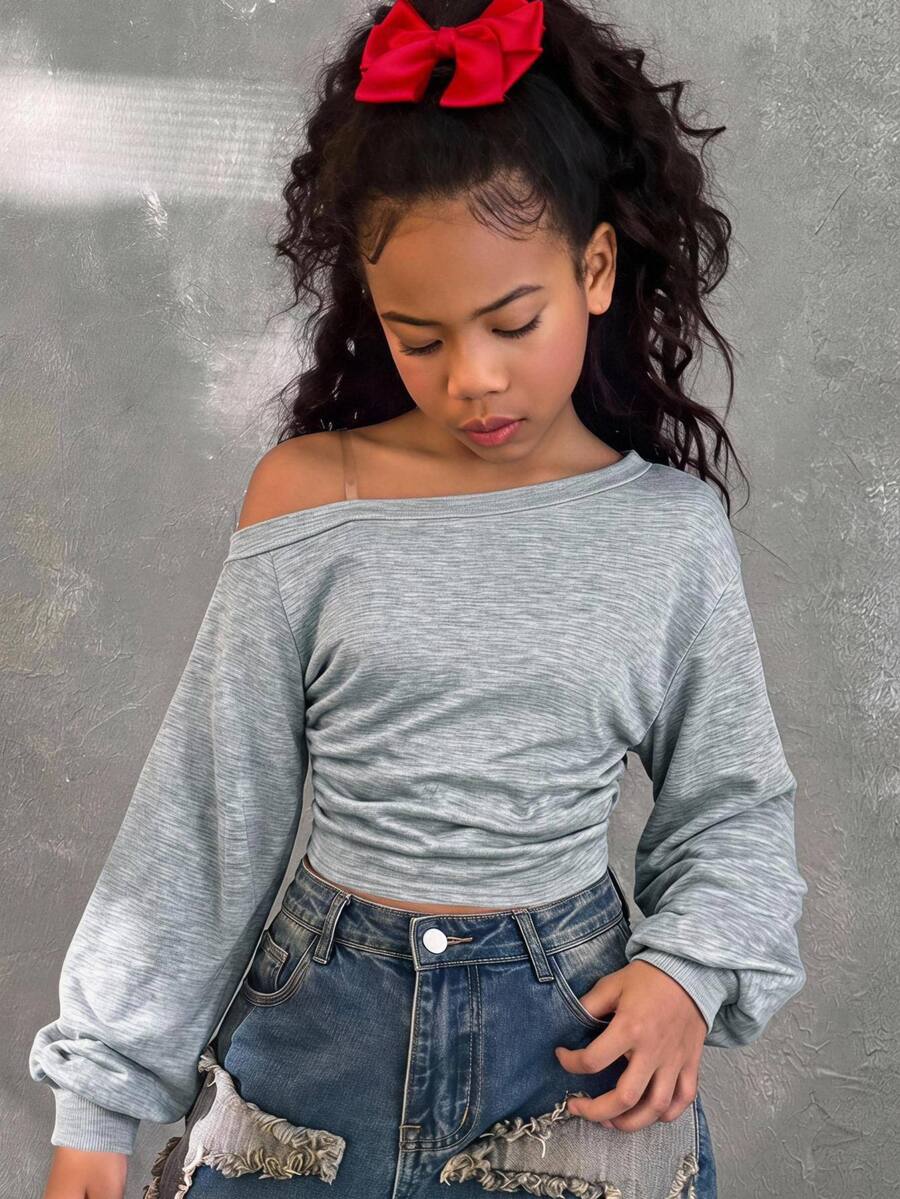 Tween Girls Grey Sweatshirt, Long Sleeve Pullover, Ruched Waist, Casual Fall Winter Crop Top Hoodie - Grey - View 1
