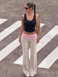 Muchica 女款秋季復古豹紋拼接撞色休閒百搭長褲，適合日常通勤、派對、秋冬春夏、聖誕節、新年、感恩節、婚禮、海灘、畢業典禮、優雅、外出、約會、通勤、情人節、度假、Y2K、畢業典禮等場合 - 彩色 - 查看 4