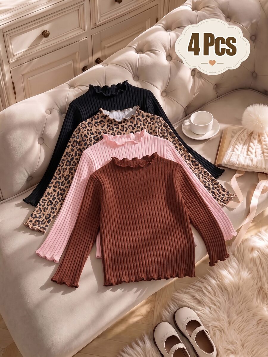 Elladie kids 4pcs Girls Autumn/Winter Ribbed Solid Color & Leopard Print Ruffle Long Sleeve Tops, Cute T-Shirt Undershirts Spring/Autumn, Versatile Fashion Tops - Multicolor - View 1