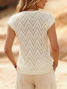 RosyDaze European & American Style Jacquard Hollow Knit Top Women Spring Summer Round Neck Cap Sleeve Pullover Thin Casual Daily Commute - Apricot - View 2