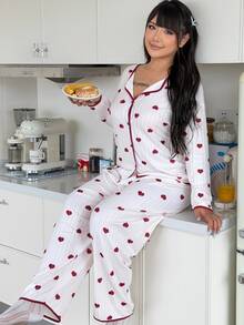 ZzzCrew Plus Size Heart Print Colorblock Skin-Friendly Thin Fleece Ribbed Open Front Long Sleeve Set With Small Collar - Red - View 4